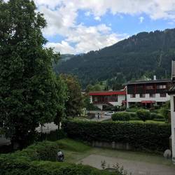 View from hotel room-red building is Aquarena
