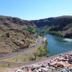 From the road on the top of the dam wall looking down to the spillway.