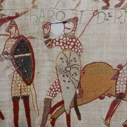 Bayeux tapestry...Harold got it in the eye!