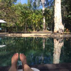 Chilling by the hostel pool