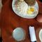 Vegetarian option with egg, lentil patty, rice and potatoes