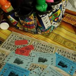 My bingo bag and cards ready to go. Old Moose Lodge punch tickets too! Aww.