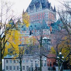 Looking up t Hotel Frontenac from Parc Montmorency
