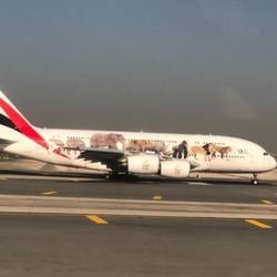 Specialdekorerat Emirates-flygplan av samma modell som vi åkte med från Auckland