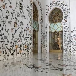 Lovely botanical decorations on the walls and floor