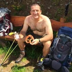 Rudi having a hearty Austrian lunch stop - pretzel and schnapps