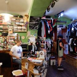 Record shop buying tickets