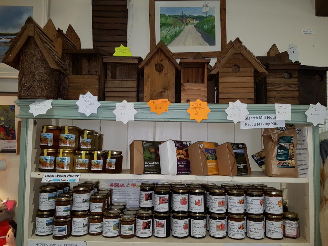 Many types of bird boxes on sale in the Myddfai Visitor centre