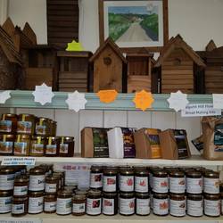 Many types of bird boxes on sale in the Myddfai Visitor centre
