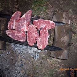 Chops for dinner - cooking over coals.