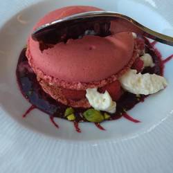 Best dessert of the trip, a Raspberry Macaroon, at the outdoor café, after dinner.