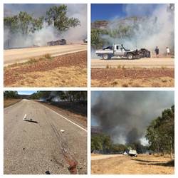Der Brand....unten links: die durch die Felge des entgegenkommenden Fahrzeuges aufgerissene Fahrbahn...auf uns