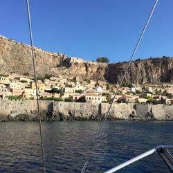 Monemvasia New town, zigzag road up and Old Town
