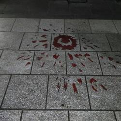 Blood splatter paintjobs around city where civilians were targeted