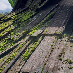 The thatched roofing is made of large timber boards that are loose which allow them to be moved.