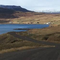 Jill walking to Bergistangi and its boat harbor.
