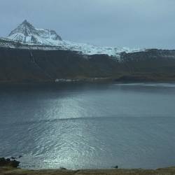 Looking across the fjord to the hotel, factory and village.