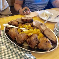 Chicken, pork,potatoes, cabbage, wine - everyone says yum!!