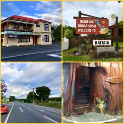 Neat old hotel, welcome sign at Kaitaia, "state highway", carved staircase