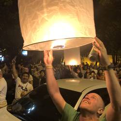 Of course, Geoff catches a flaming lantern coming down on the crowd to save the day!
