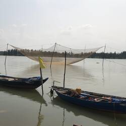 Fishing nets are lowered at night and raised in the morning.