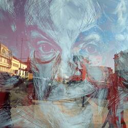 Store window, white paint, scratching off