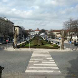 The manicured gardens in front of the church