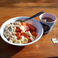 Gekochte Haferflocken (+Rosinen und Kokos) mit frischer Papaya und Banane... 😍 mein Lieblingsfrühstück!!!
