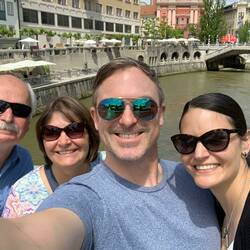 It's helpful to have someone with long arms for a selfie. On one of the many bridges in Ljubljana.