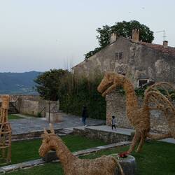Dinosaurs and donkeys at play in the castle garden.