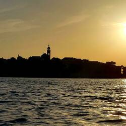 Korcula at sunset from the boat.