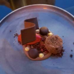The main dessert (of 3): CHOCOLATE Coffee / Chocolate mousse / Orange / Raspberry sorbet