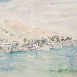 Auch Paros besitzt Mühlen, Hafenzeile, Palmen, weiß-blau ...