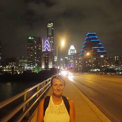 On Bat Bridge with Downtown Austin in the background