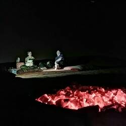 Campfire in the dunes, with "Pretty", the falcon