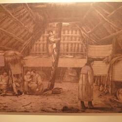 Drawing of an Aleut hut, dug into the ground.