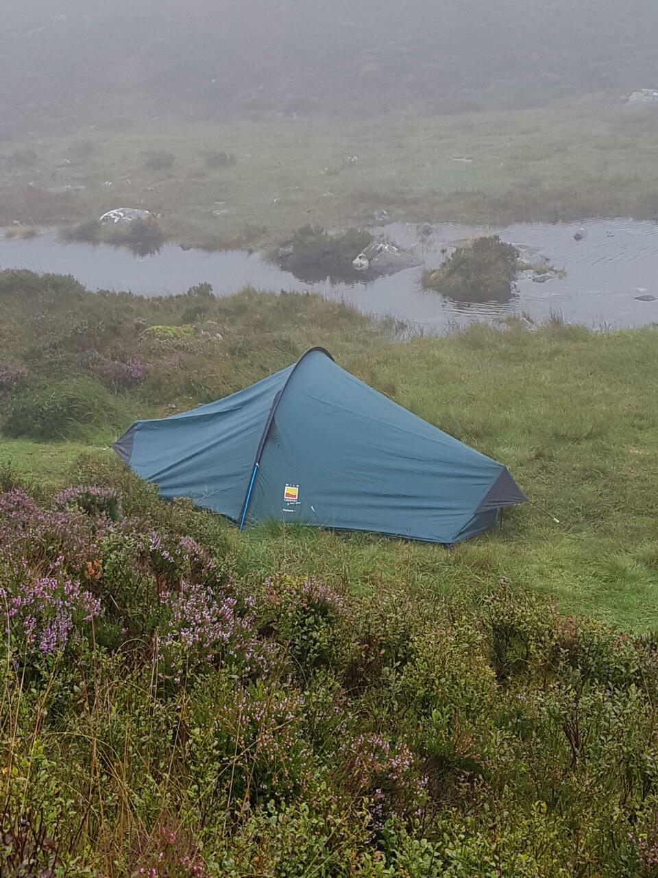 Pitch SW of Llyn Hywel beside outflow steam.