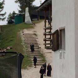 Nuns arriving by ski lift for morning mass!