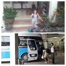 Waving goodbye to Laetitia ! Her night bus (to Vientiane) was leaving 1 hour after mine (to Hanoi)