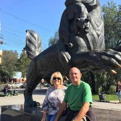 Posing with the symbol of Irkutsk