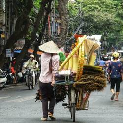 A vendor pushing her overloaded bicycle
