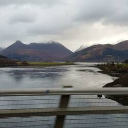 Ballachulish Bridge over Kinlochleven with Glencoe Village in the distance