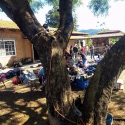 An employer's party for his employees - free clothing, food and items. We were invited in too!