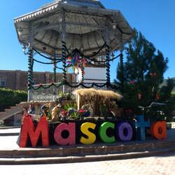 The nativity scene in the central plaza with the baby Jesus added.