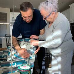 Mom and Mui measuring for the headrest covers — Colorado Springs, CO.