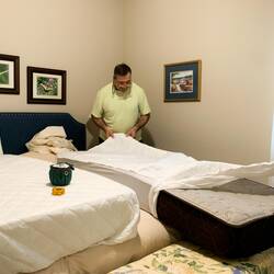Mui brought the twin mattresses from the motorhome to sew custom mattress covers and sheets.