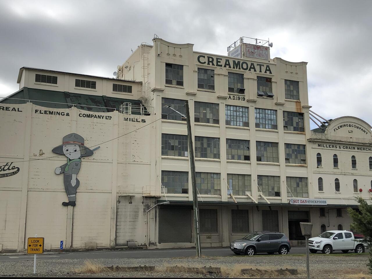 The now vacant Creamoaota Factory in Gore - note Sgt Dan still on guard