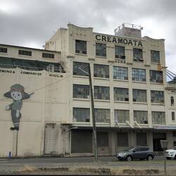 The now vacant Creamoaota Factory in Gore - note Sgt Dan still on guard