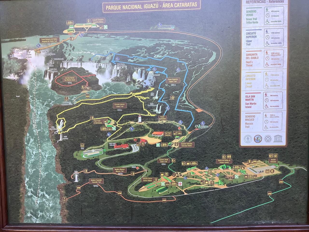 Showing the upper and lower trail routes above the falls. Dotted line for boat.