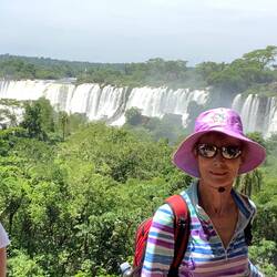 Colour cordinated in front of one of many falls.